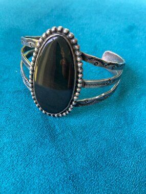 Vintage Sterling Silver Navajo Native American 30s 40s Onyx Agate CUFF Bracelet